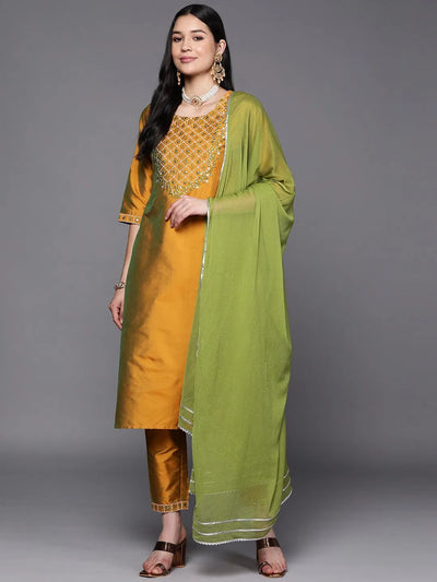 Buy Mustard Embroidered Silk Blend Straight Kurta With Dupatta