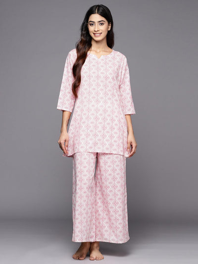 White Printed Night Suit With Pants - Colourful Threads