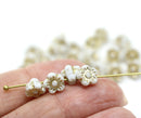 7mm Button style flower beads, White and Gold wash Czech glass, 25pc