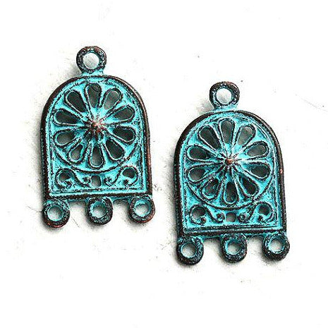 3 loop Arc earrings connector, Green patina on copper charms 2pc