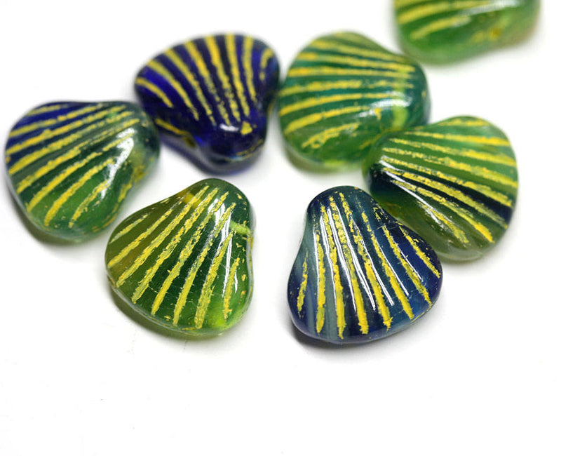 5Pc Glass Shell beads Mix Blue Green Yellow Czech glass - 15mm