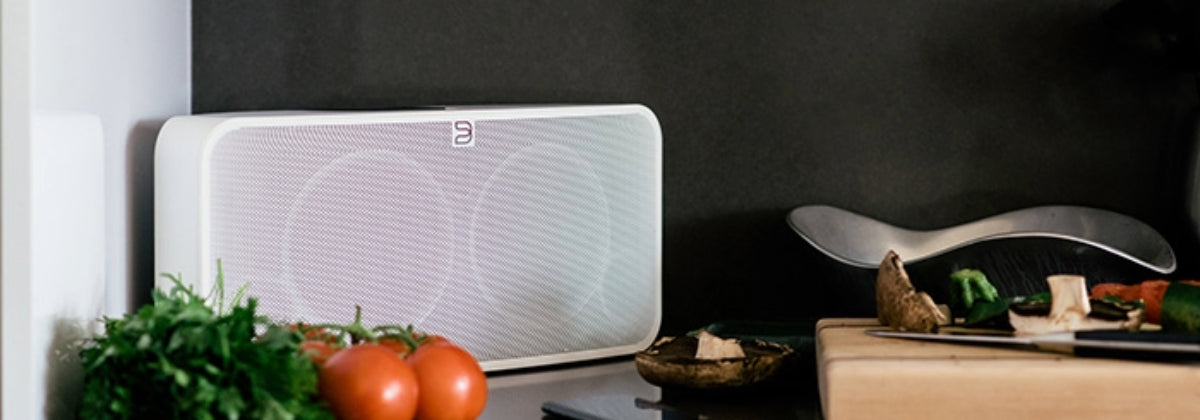 Wireless speaker on kitchen bench