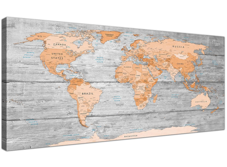 Orange Grey Map Of World Atlas Canvas Wall Art Wallfillers Co Uk