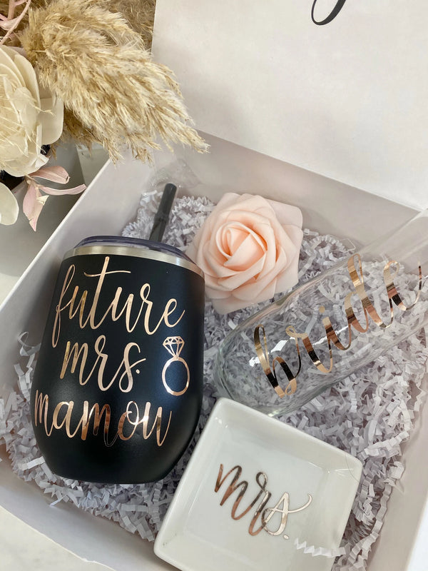 Future Mrs Mug Personalized Bride Gift Box Set Bride Engagement Gift Box  Bride to Be Satin Robe Future Mrs Ring Dish Bride Sash Flu 