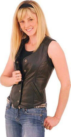 woman wearing a leather vest skootdog leather and gear