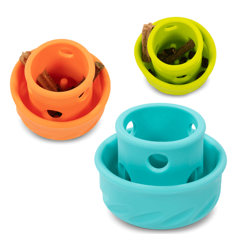 Enrichment dog toy in orange, teal and green.