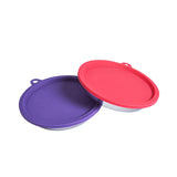 Stainless steel cat bowls with purple and watermelon coloured lids on