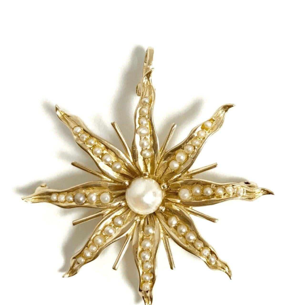 14K Yellow Gold Pearls in Sunburst Design Brooch