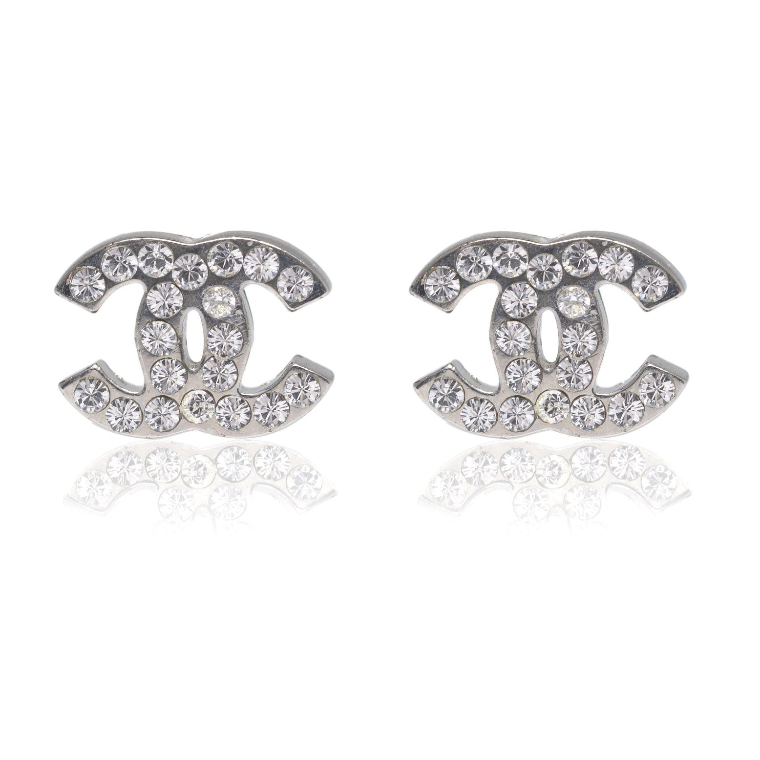 chanel silver strass cc logo stud earrings