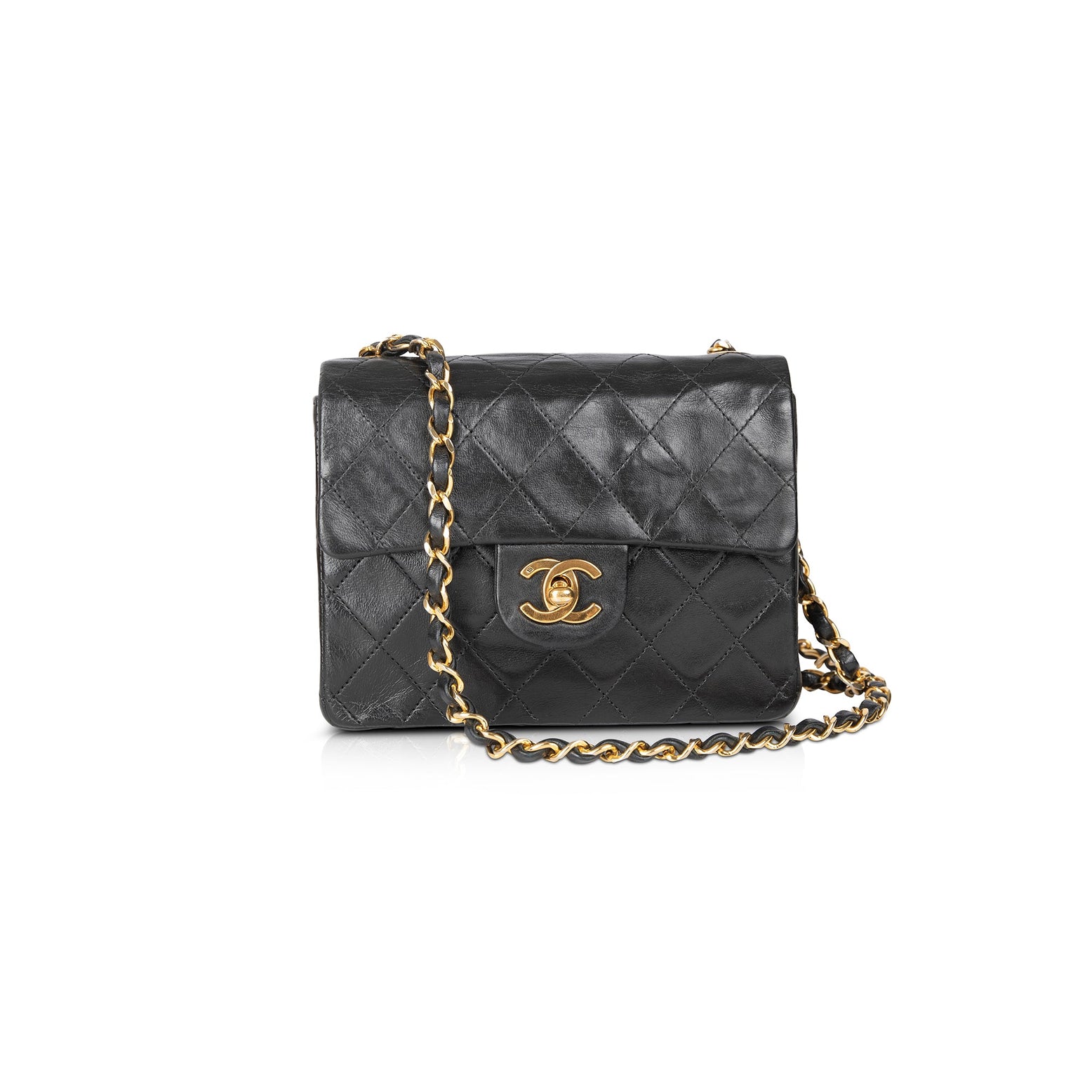 Chanel Mini Square Flap Bag Black Lambskin Light Gold Hardware  Madison  Avenue Couture