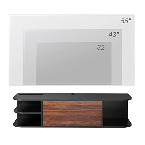 FITUEYES Wall Mounted Media Console with Door Floating TV Stand Walnut Entertainment Center Wood Cabinet Storage Under TV Wall Hutch for Cable Box/Players/Game(Vintage Black Brown,43.3")