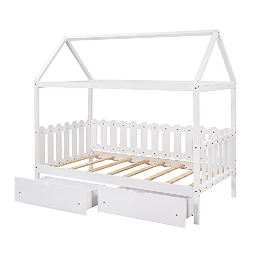 P PURLOVE Twin Size Wood Bed House Bed Frame with Fence-Shaped Guardra ...