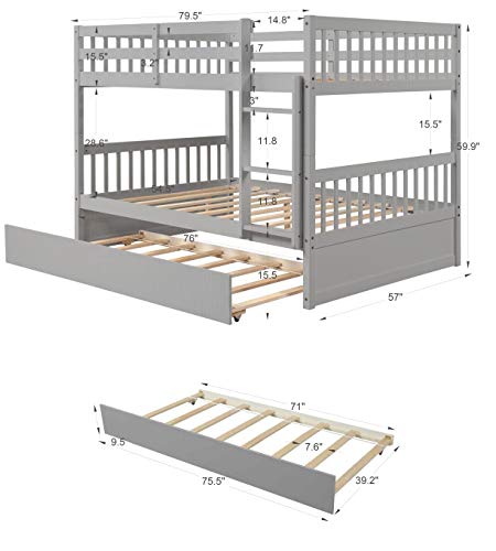 Awlstar Full Over Full Wood Bunk Bed with Twin Size Trundle, Ladder, F ...