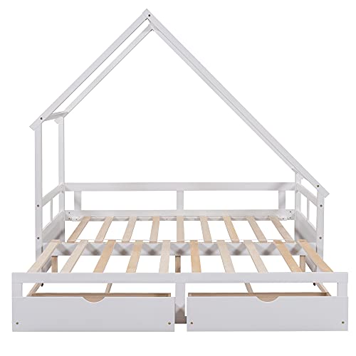 Toddler Wood House Bed Frame with Drawers, Kids Daybed Extending Bed ...