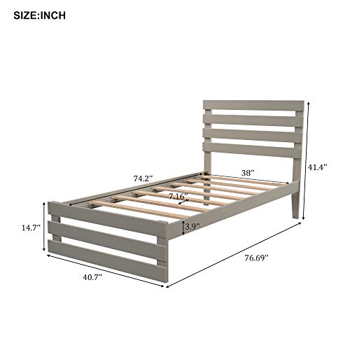 Merax Platform Bed with Headboard, Solid Pine Wood Frame/Wooden Slats ...