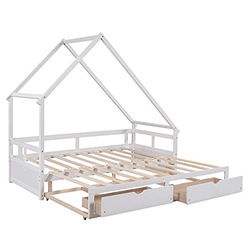 Toddler Wood House Bed Frame with Drawers, Kids Daybed Extending Bed ...