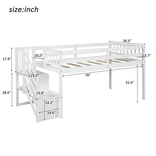 WZ Twin Low Loft Bed with Stairs, Pine Wood Twin Size Low Loft Bed Fra ...