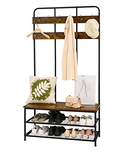 3-in-1 Coat Rack, AERMOO Vintage Metal and Wood Hall Tree, Entrance Storage Rack Storage Rack, with 2 layers of Shoe Racks, 12 Hooks, 1 Bench, for living Room, Bedroom, Office, Clothes Hats