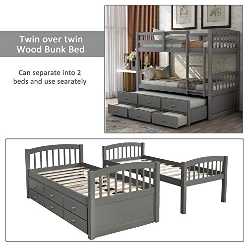 P PURLOVE Twin Over Twin Bunk Bed with Twin Trundle Bed Wood Bunk Bed Frame with Ladder Safety Rail 3 Storage Drawers for Teens (Gray)