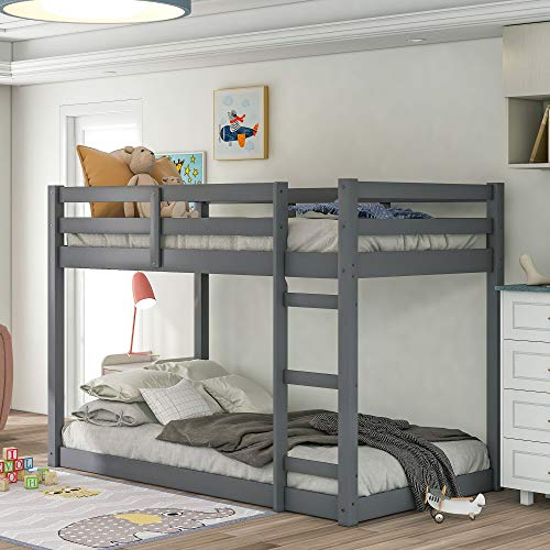 Bunk Bed Twin Over Twin, Classic Wood Low Bunk Bed with Guard Rail & L ...