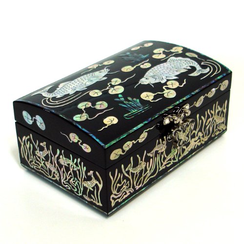 Mother of Pearl Inlay Koi Fish Design Lacquer Wooden Black Mirrored Mens Jewelry Trinket Keepsake Treasure Gift Box Case Pirate Chest Organizer - Wood Insider