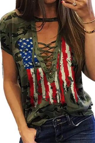 Camo Flag Lace Up Top for women