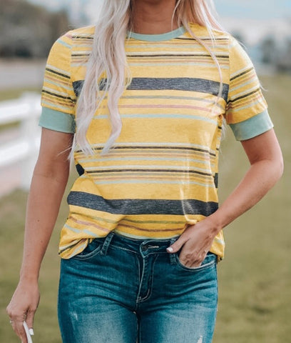 Cute Yellow Stripe Crew Neck T-shirt for women