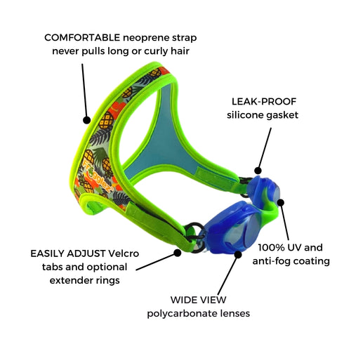 Pair of Frogglez Kids Swim Goggles with diagrams of each feature including adjustment rings, UV protective lenses, Anti-fog coated lenses and the wrap around neoprene head strap.