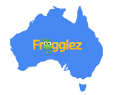 A blue outline of Australia with the official Frogglez Kids Swim Goggles logo on top.