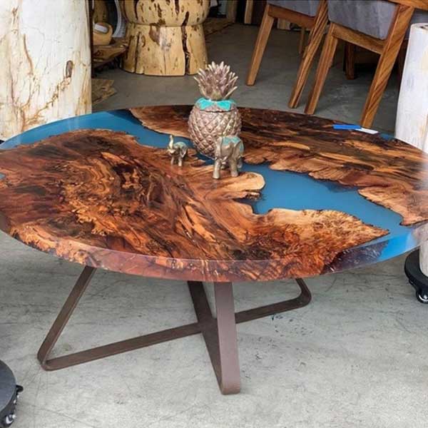 Olive Wood Coffee Table with Slate Blue Epoxy River Encasement – WoodLab