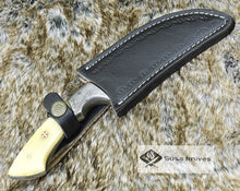 Load image into Gallery viewer, DAMASCUS STEEL KNIFE, 9&quot;, DAMASCUS STEEL BLADE, EXOTIC CAMEL BONE HANDLE, DAMASCUS GUARD, BRASS MOSAIC RIVET, FIXED BLADE, FULL TANG, - SUSA KNIVES
