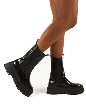 black croc chunky boots