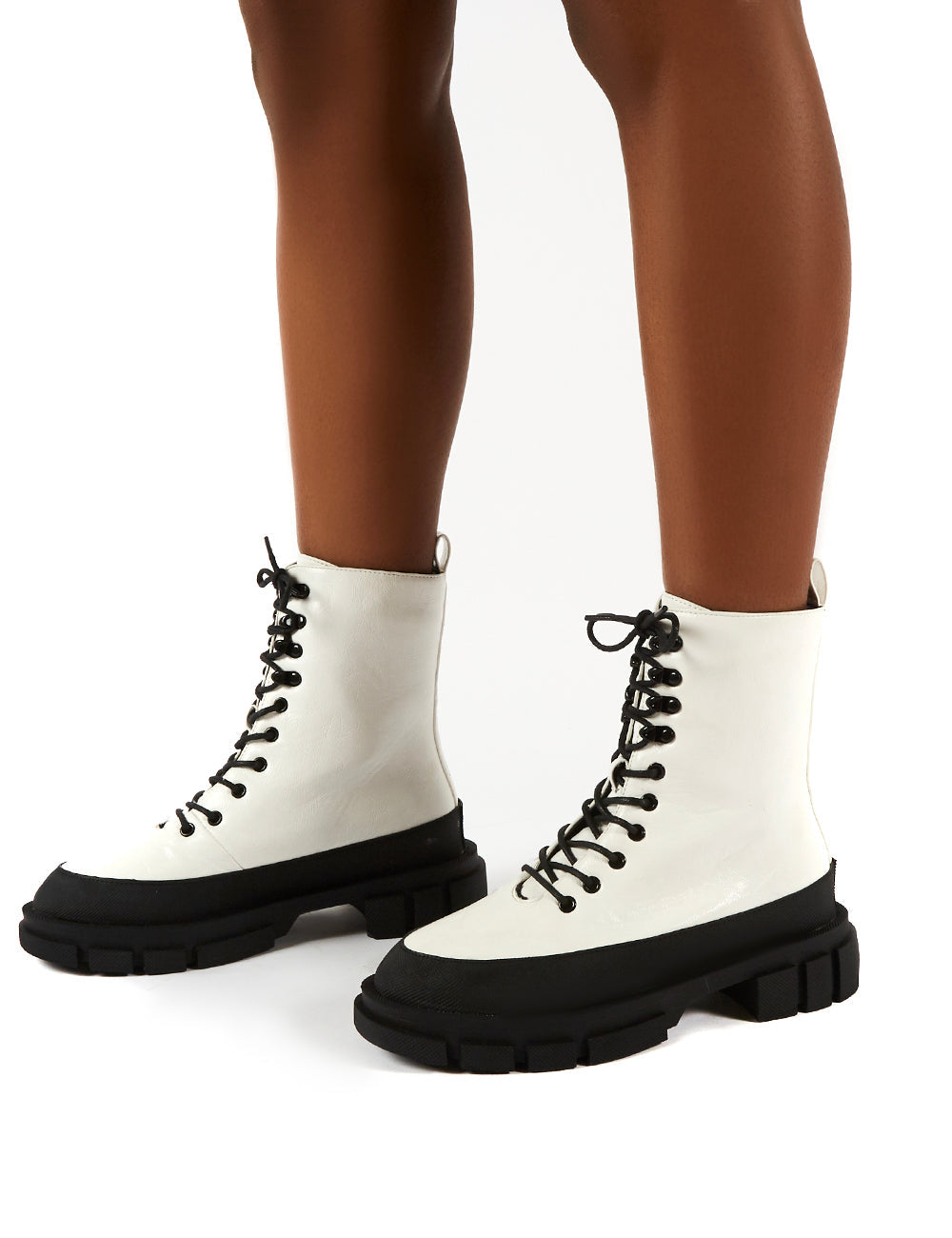 Mischief White Patent Lace Up Chunky Sole Ankle Boots | Public Desire ...