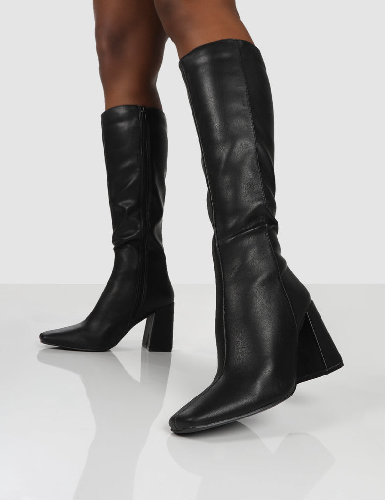 Apology Black Pu Knee High Block Heel Boots