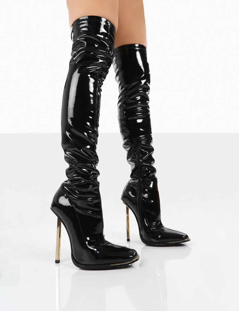 Kenza X Public Desire Vicki Black Patent over the Knee Stiletto Heeled ...