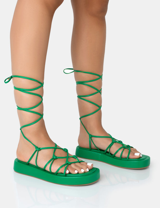 Funky Party Green Lace Up Flat Sandals For Women, Crocodile Embossed  Artificial Leather Open Toe Strappy Sandals | SHEIN