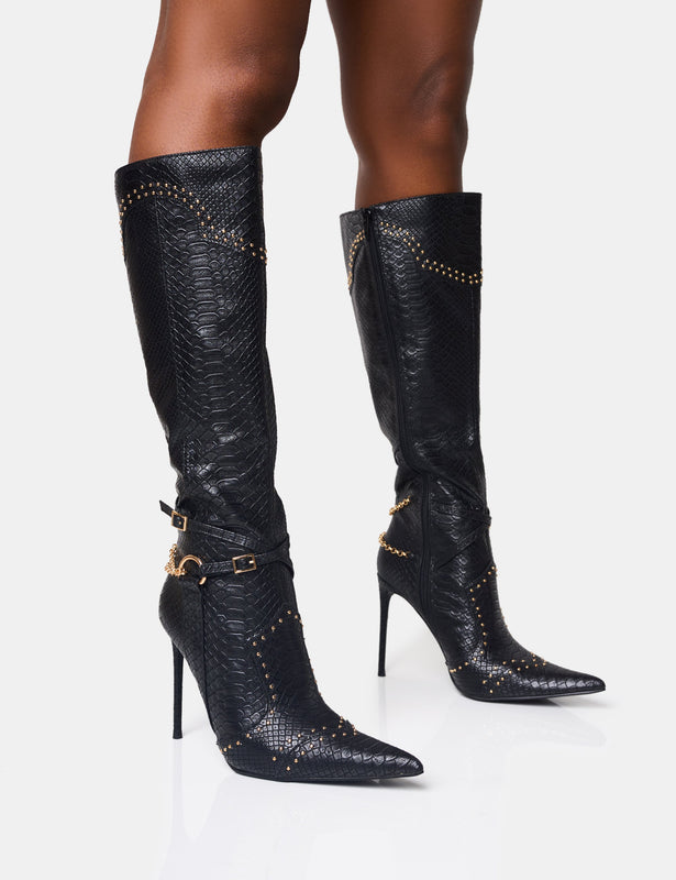 Emmi Black Thigh High Heeled Boots | PrettyLittleThing USA