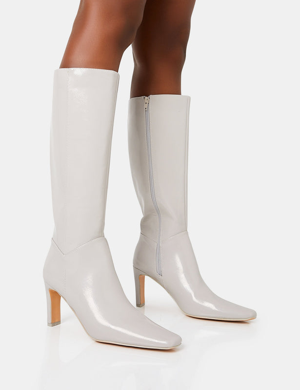 White Round Block Heel Knee High Boot, Shoes