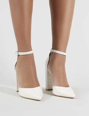 Sofia Pointed Block Heels in White Croc 