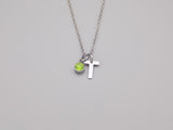Letter T Necklace With Birthstone In Stainless Steel
