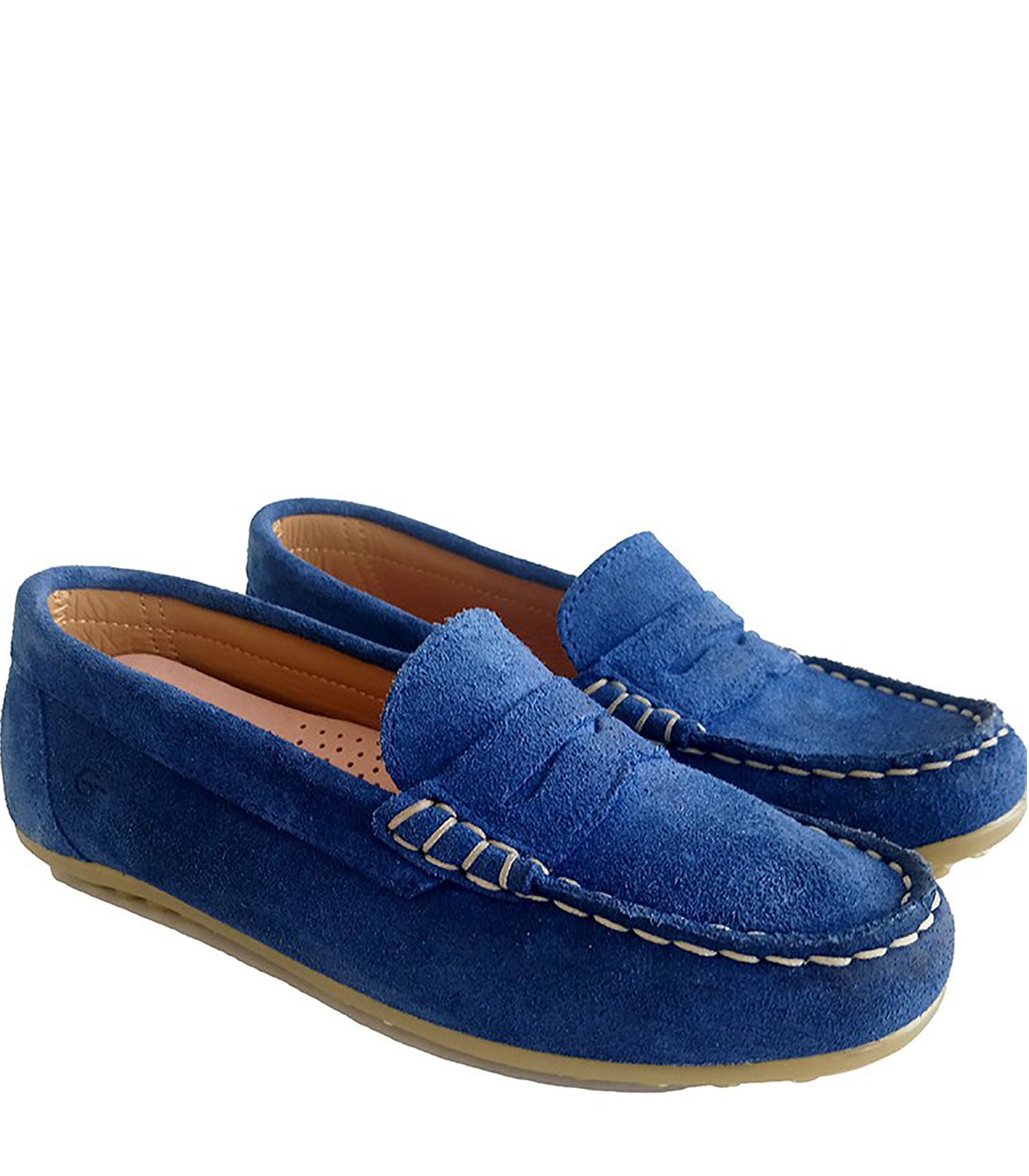 blue suede penny loafers