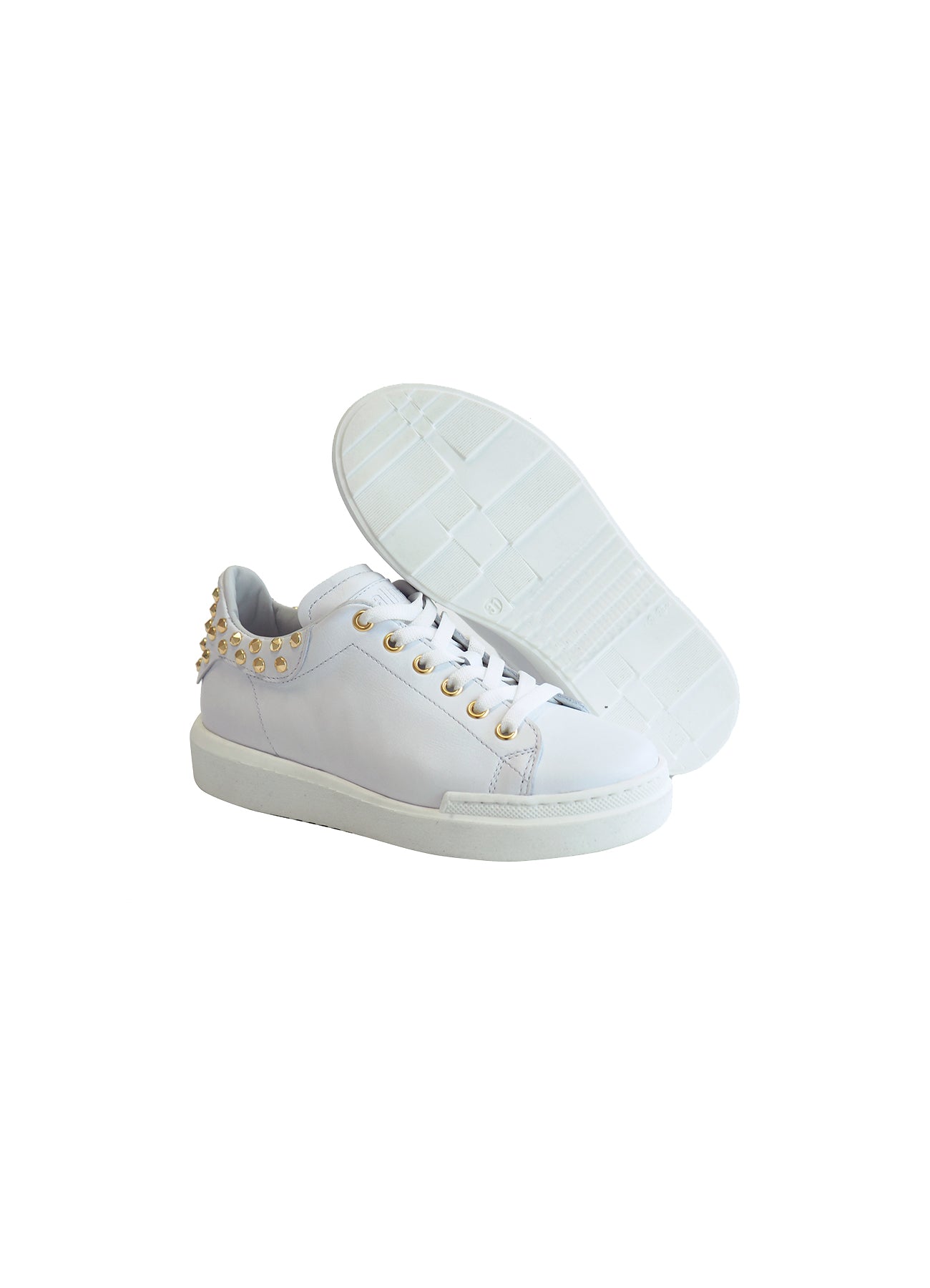 white sneakers with gold studs