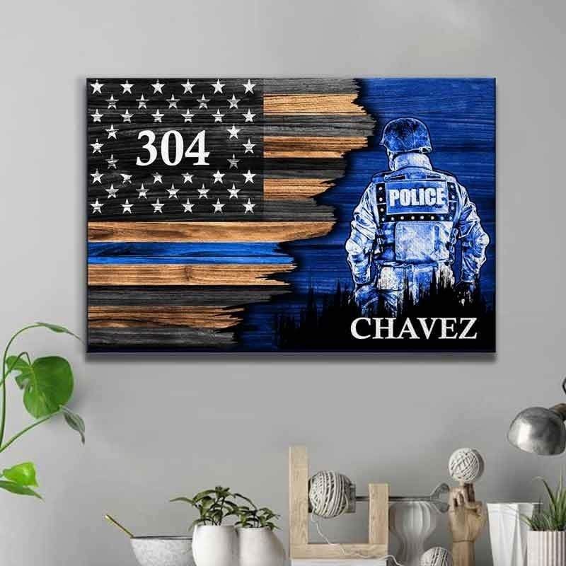 Police Personalized Half Flag Officer Suit Thin Blue Line Custom Text Canvas Poster Wall Art Decor