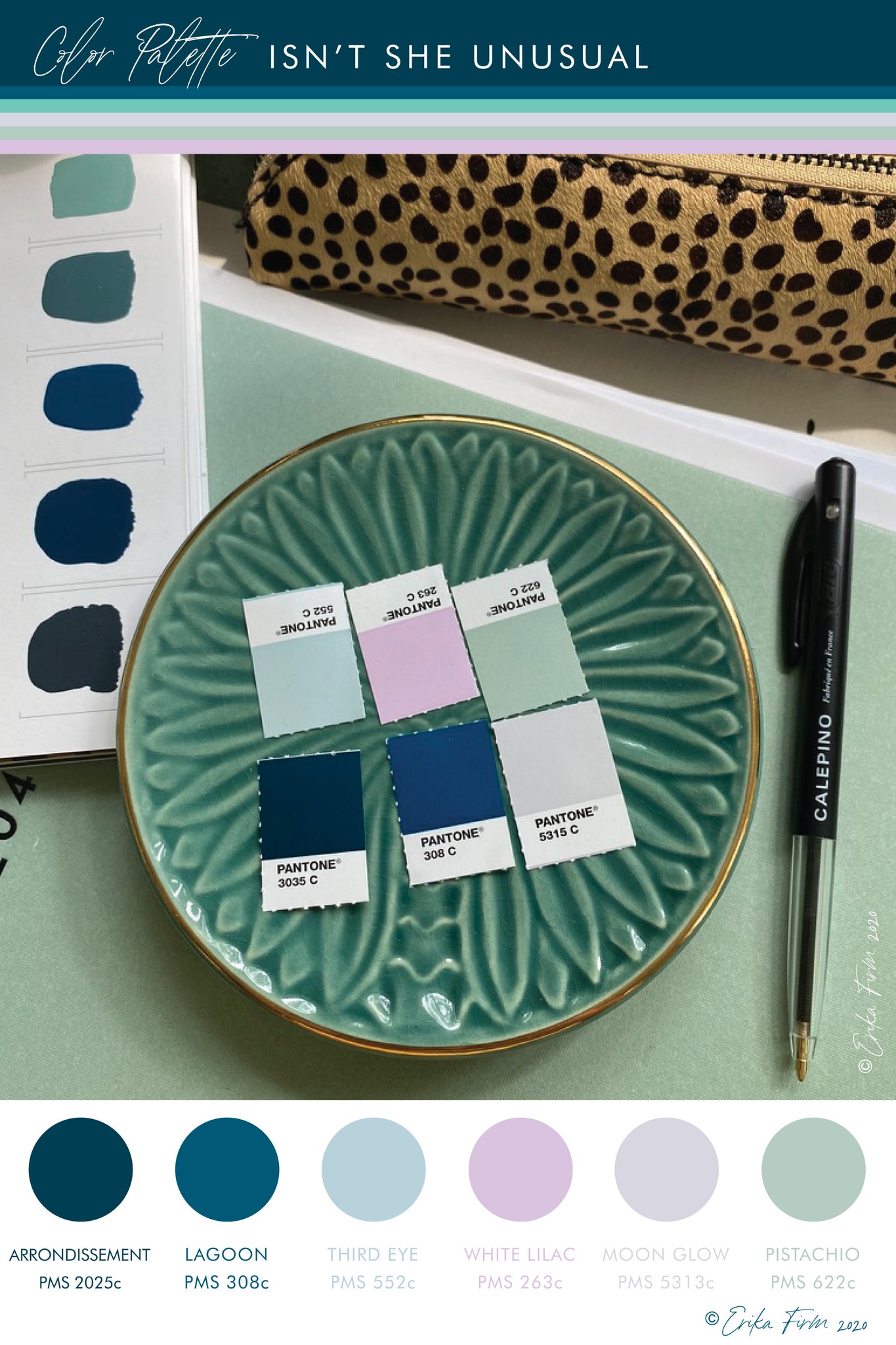 Color Palette Isn't She Unusual by Erika Firm featuring Dark Arrondissement Blue, Lagoon blue, third eye blue, white lilac, moon glow grey, and pistachio green