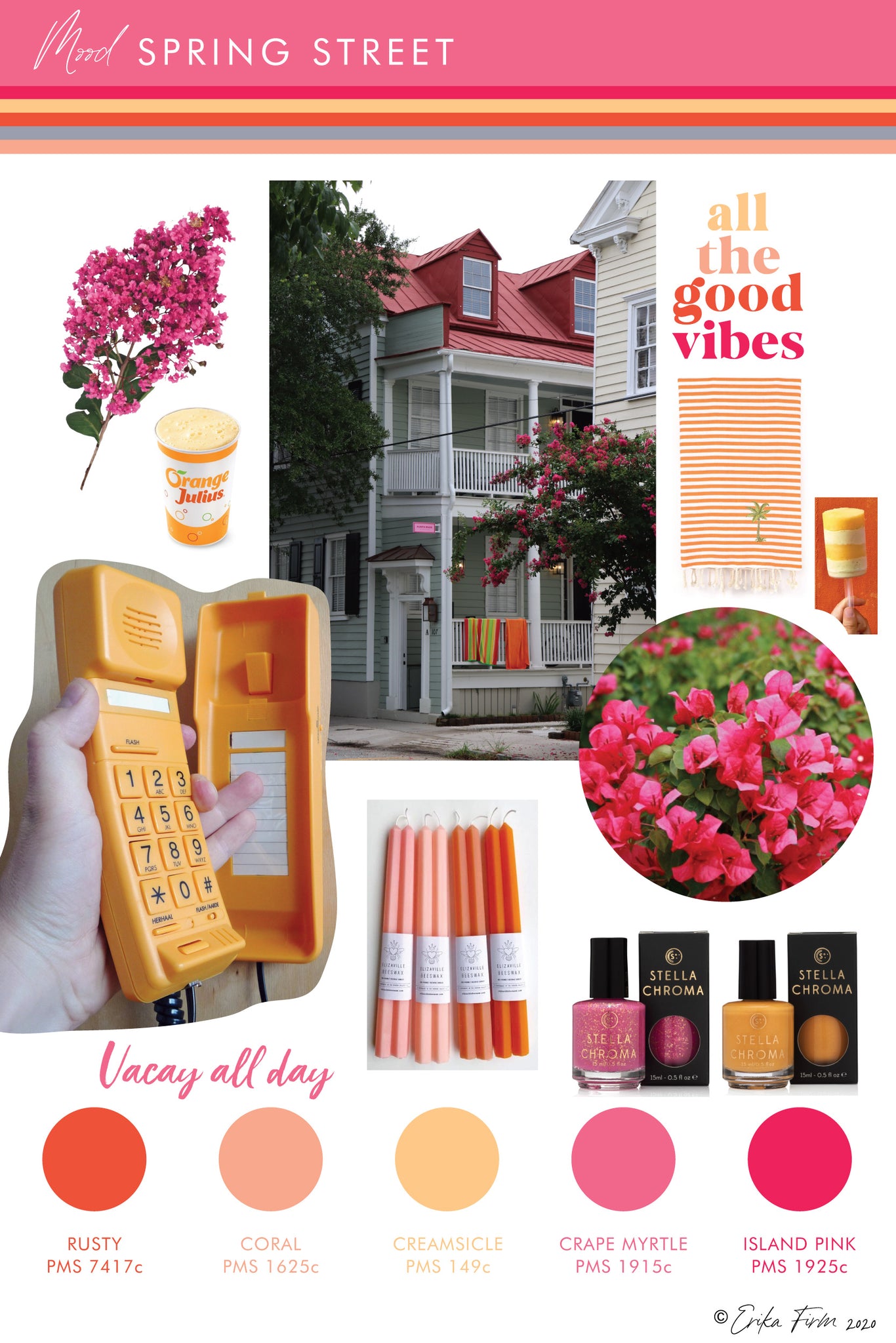 Mood Board Spring Street Charleston South Carolina by Erika Firm Rusty orange, coral, creamsicle, crape myrtyle, and island pink