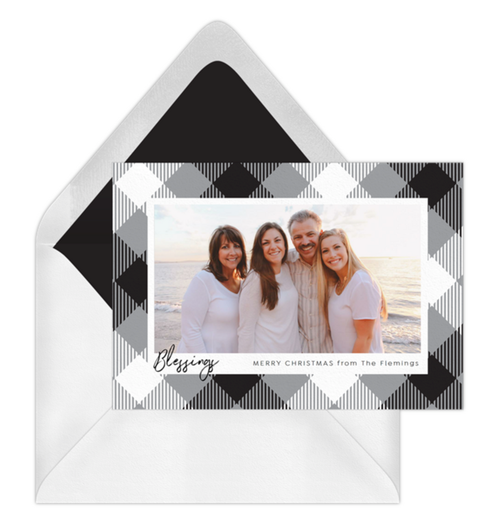 Plaid Photo Frame hoilday card in black and white Buffalo Plaid by Erika Firm for Greenvelope