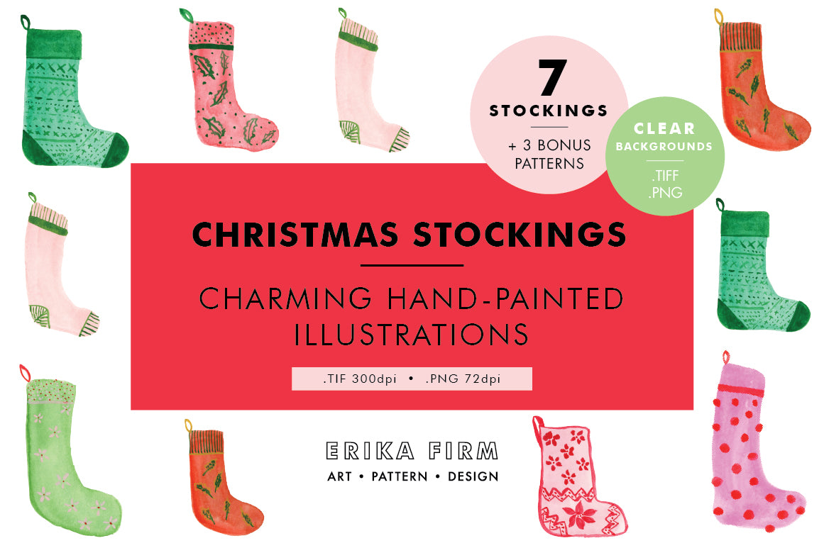 Christmas Stockings watercolor illustrations by Erika Firm for Creative Market