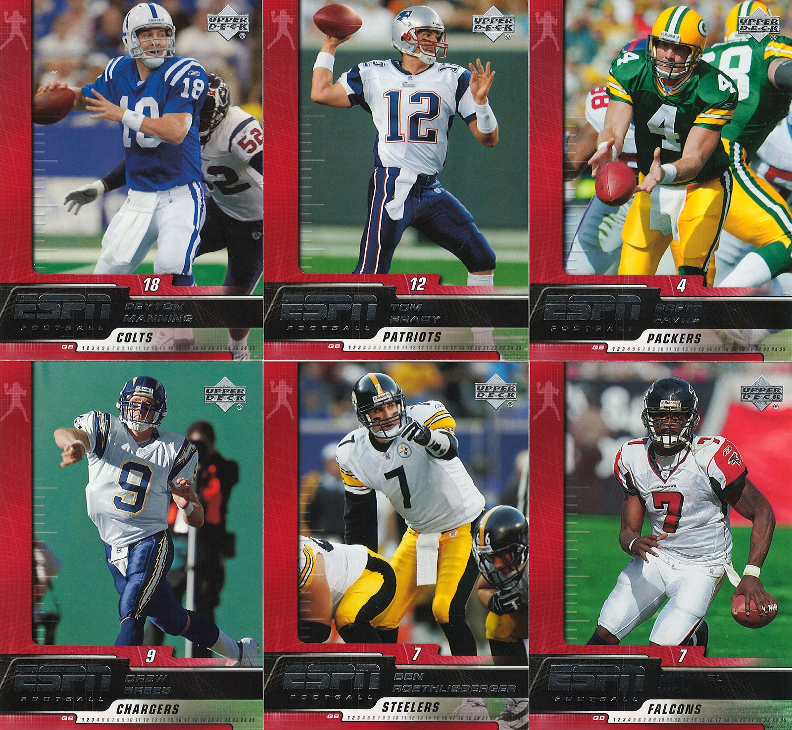 2005 Upper Deck ESPN Football Series Complete Mint Basic 100 Card Set Loaded with Stars and Hall of Famers Tom Brady, Brett Favre, Peyton Manning and Randy Moss Plus