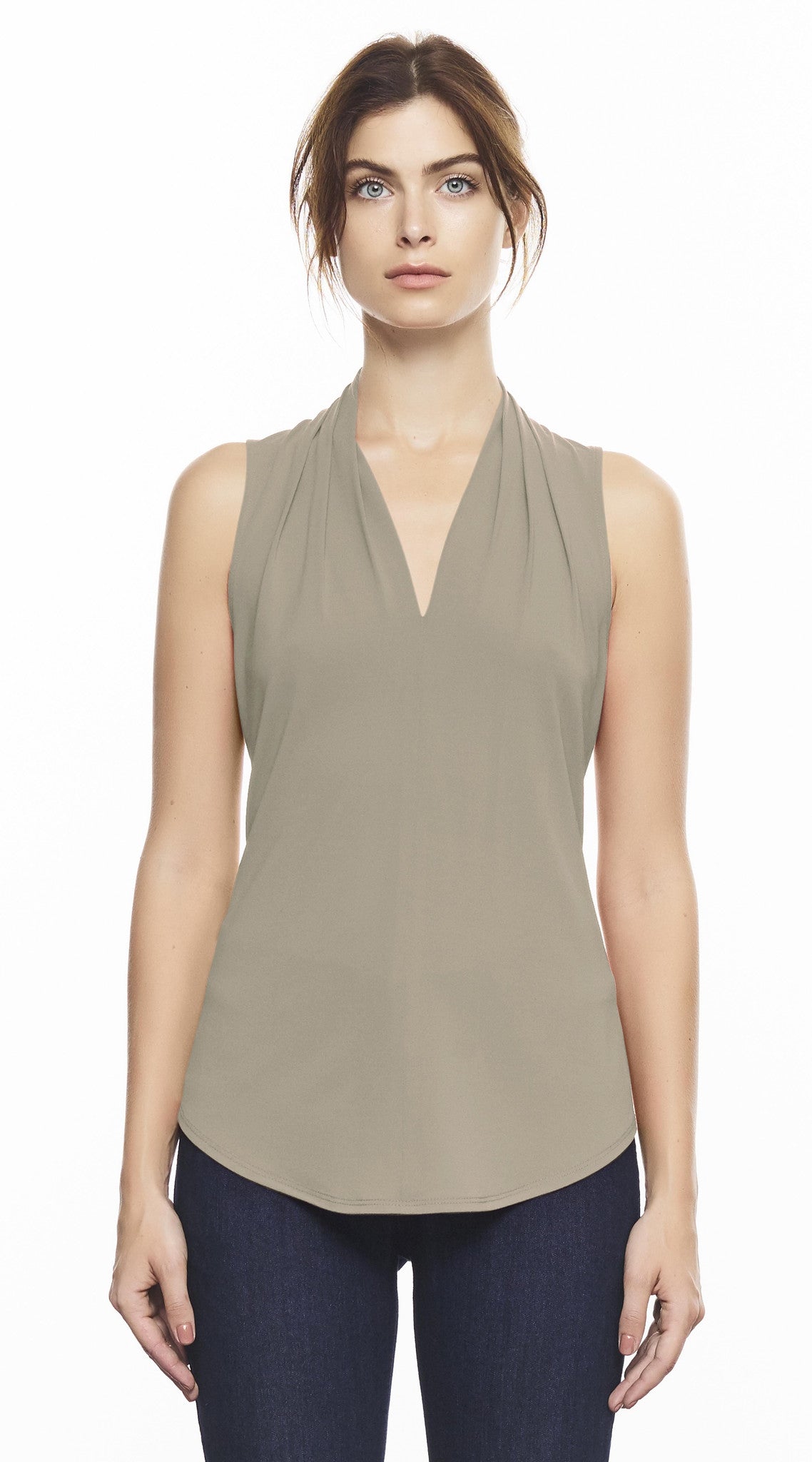 Sleeveless High Collar Pleated V Neck Top – Iris Setlakwe