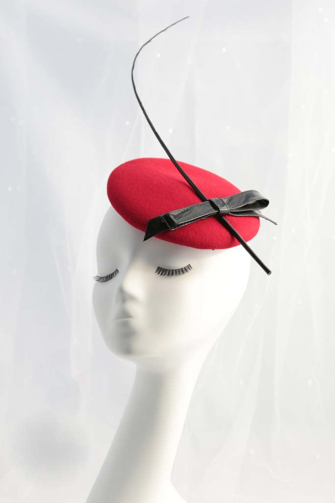 Red Simple Wool Pillbox Hat with Bow